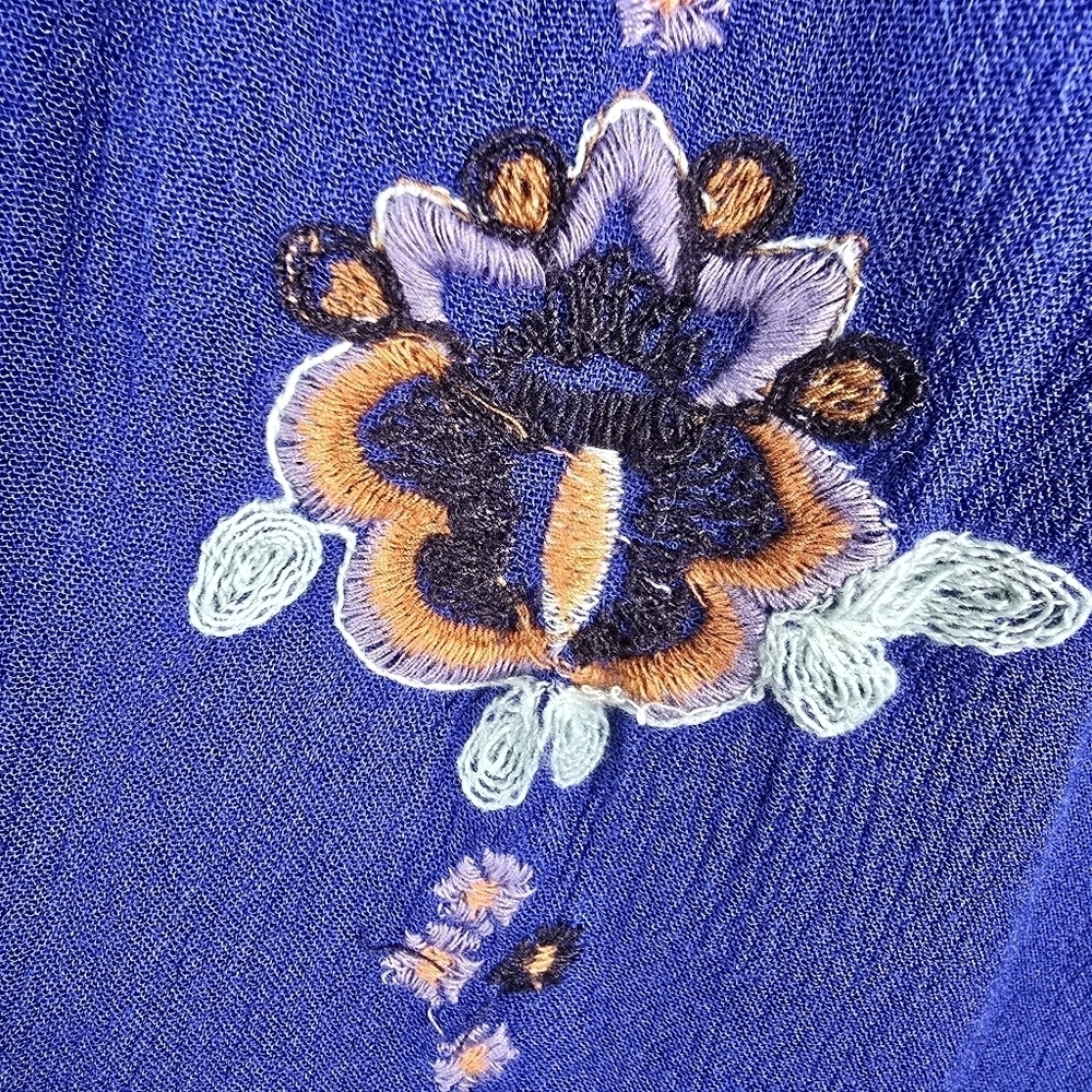 Free People Women's Boho Blue Oxford Embroidered Balloon Sleeve Dress Size S - Picture 11 of 16